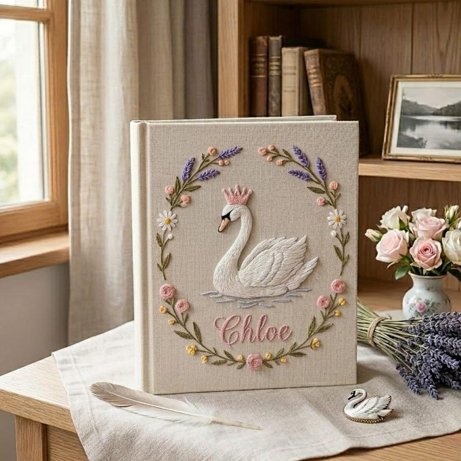 Personalized swan princess hand embroidered baby photo album with floral wreath nursery design on linen cover