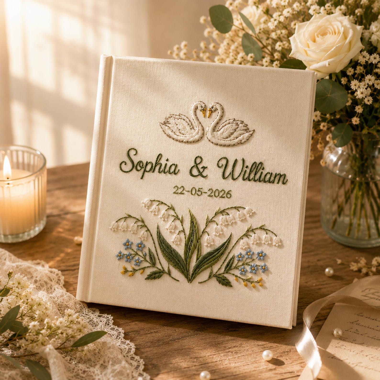 Personalized embroidered wedding photo album with swan embroidery, lily of the valley flowers, botanical details, custom couple names, wedding date, and elegant linen hardcover design