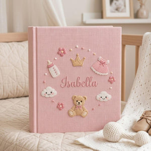Personalized princess teddy hand embroidered baby photo album with pink nursery and crown design on linen cover