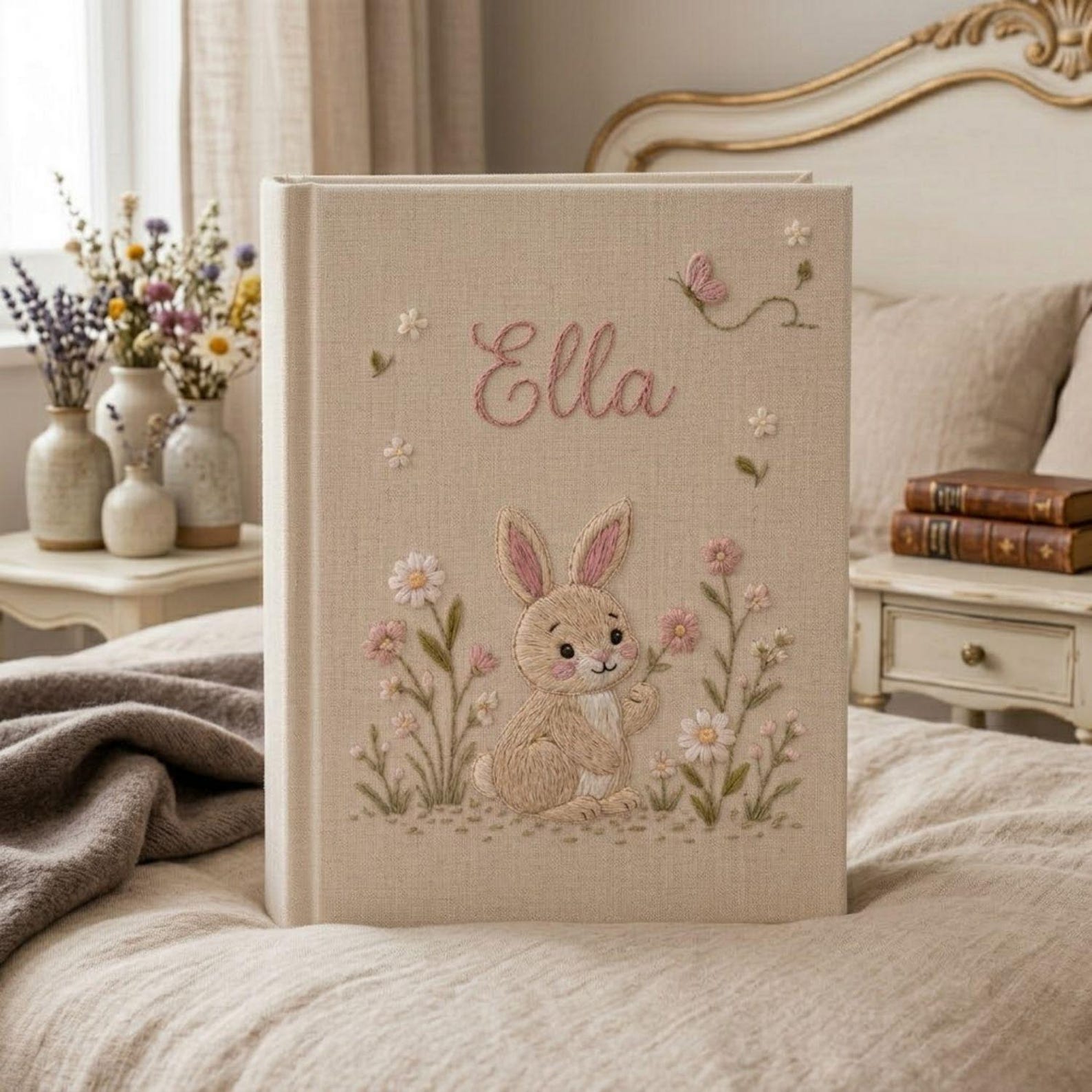 Personalized floral bunny hand embroidered baby photo album with pastel flowers and butterfly design on linen cover