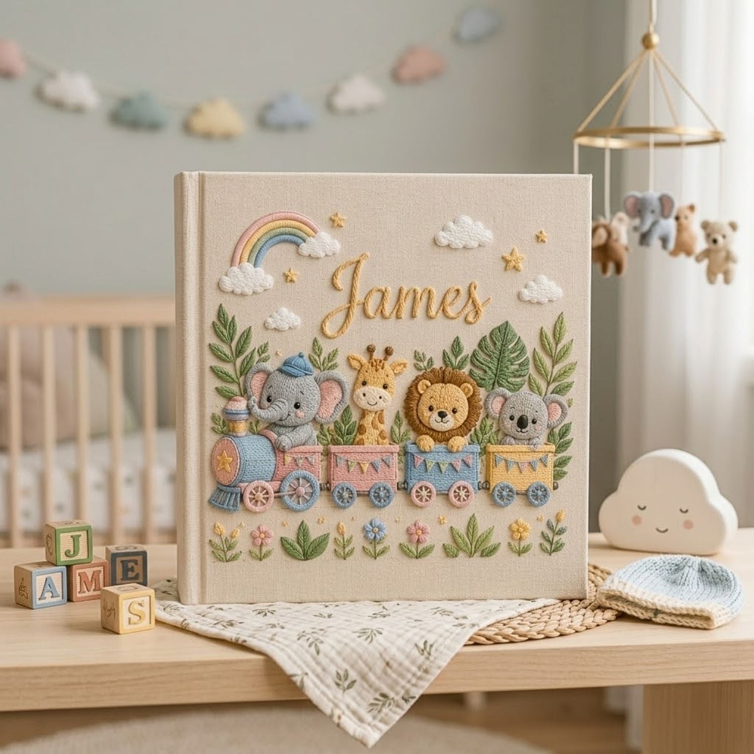 Personalized hand embroidered photo album featuring a safari animal train with elephant giraffe lion and koala in a tropical jungle setting