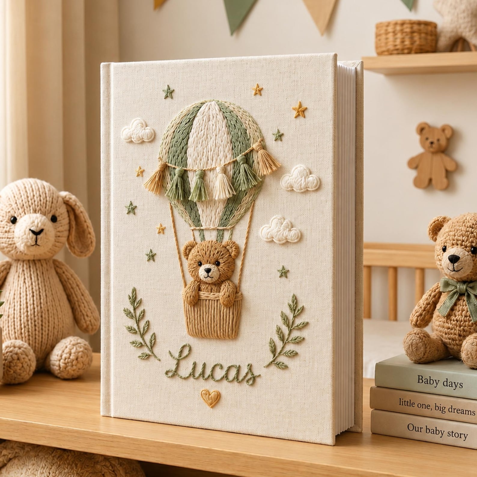 Personalized neutral hot air balloon teddy bear hand embroidered photo album with custom baby name