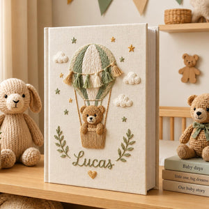 Personalized neutral hot air balloon teddy bear hand embroidered photo album with custom baby name