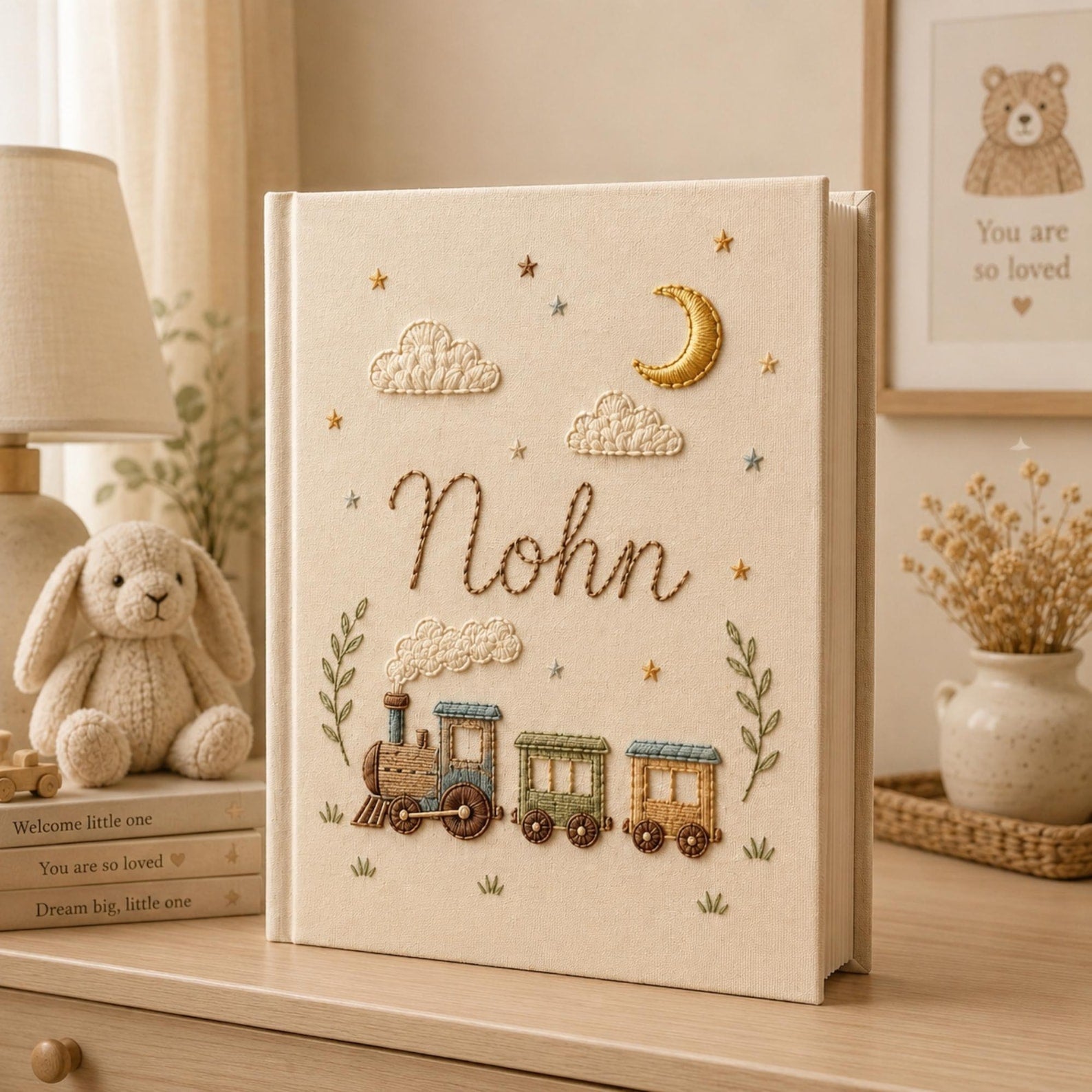 Personalized moonlight train hand embroidered photo album with clouds stars and crescent moon nursery design