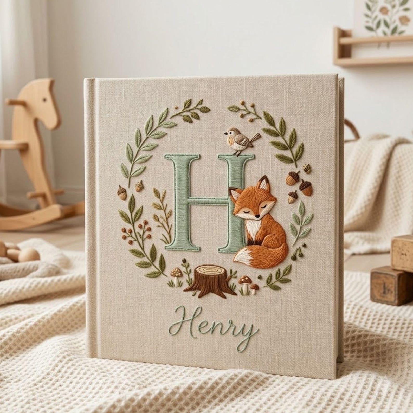 Personalized woodland fox monogram embroidered baby photo album with forest leaves and custom name on linen cover