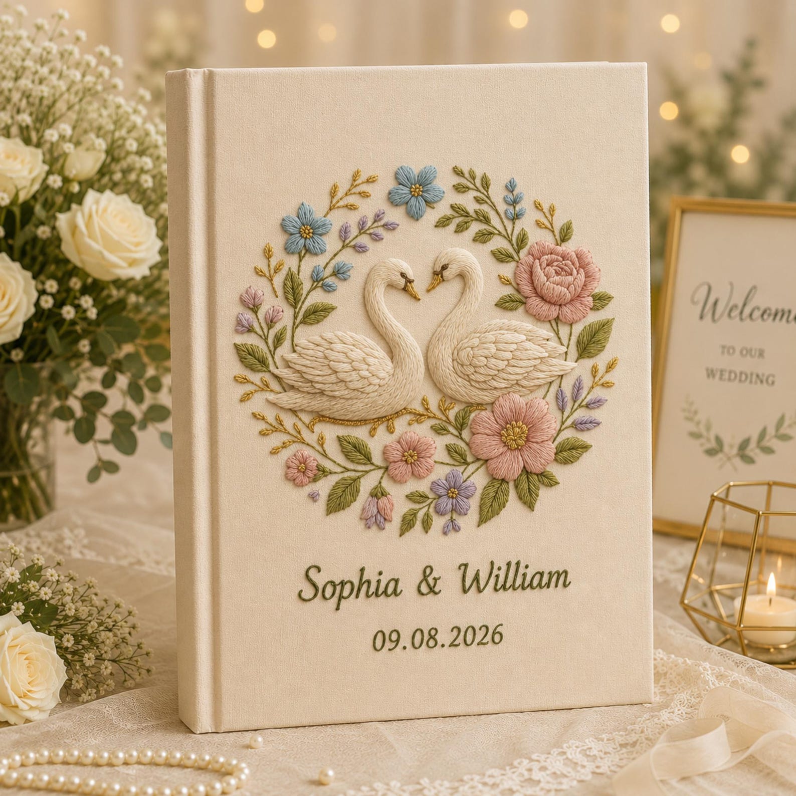 Personalized embroidered wedding photo album with floral swan embroidery, pastel botanical flowers, custom names, wedding date, and linen hardcover design