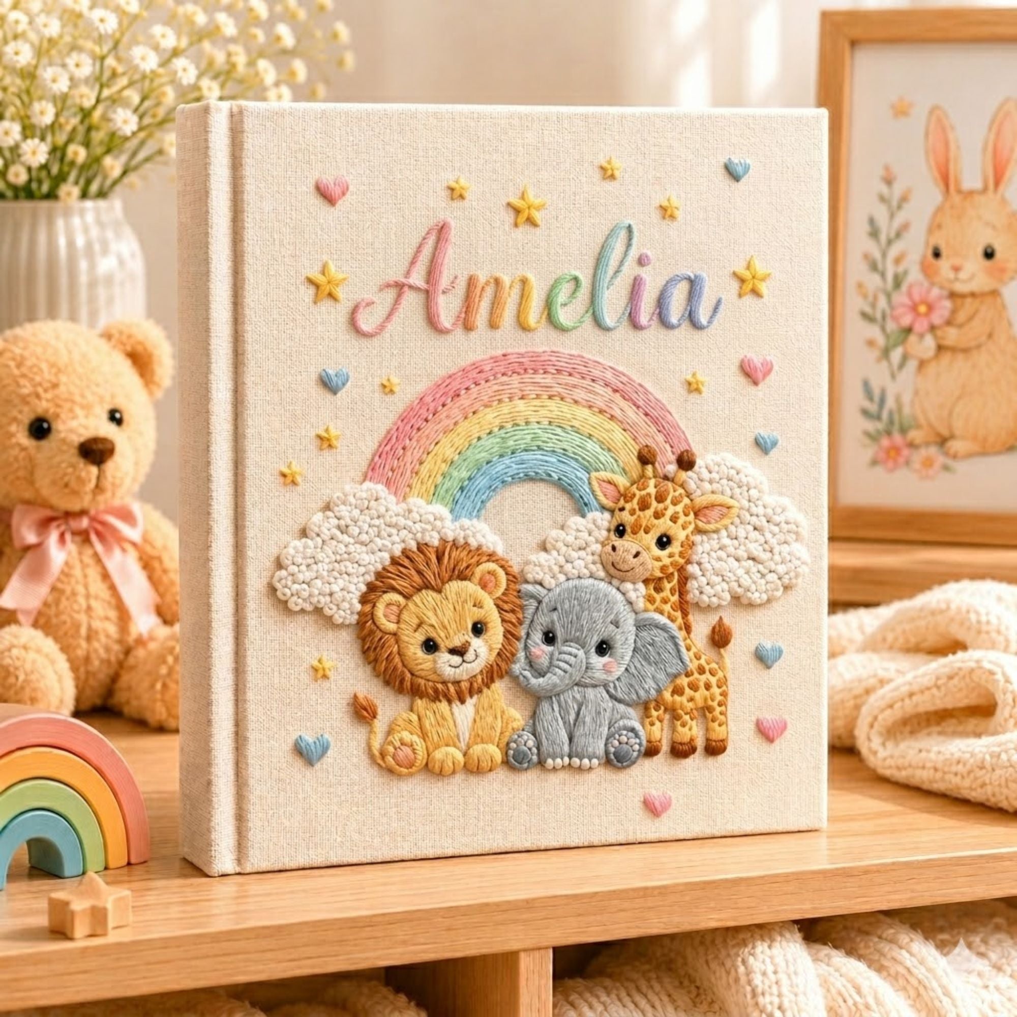 Personalized hand embroidered photo album featuring lion elephant and giraffe under a pastel rainbow with custom name embroidery
