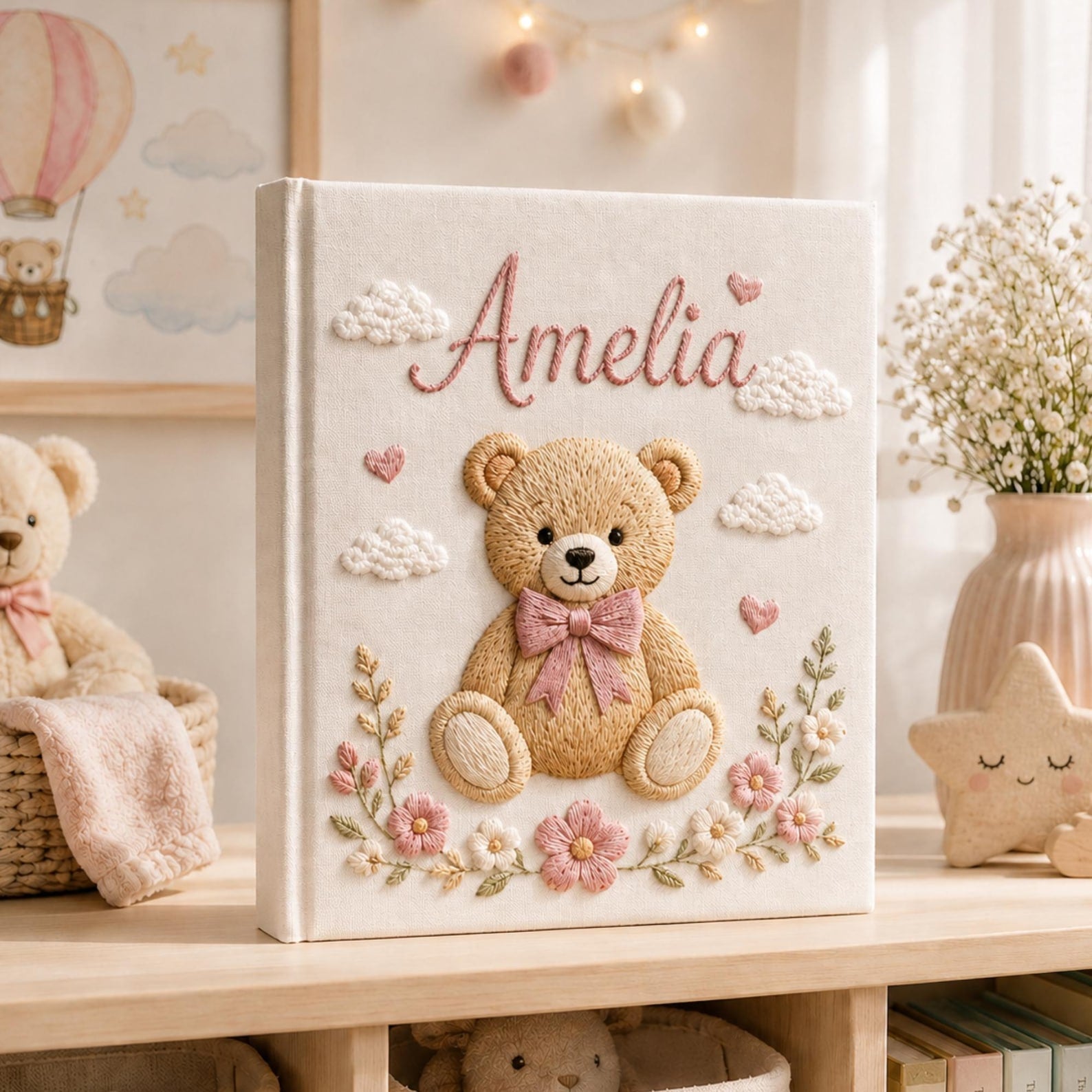 Personalized floral teddy bear hand embroidered photo album with pastel flowers and cloud nursery design