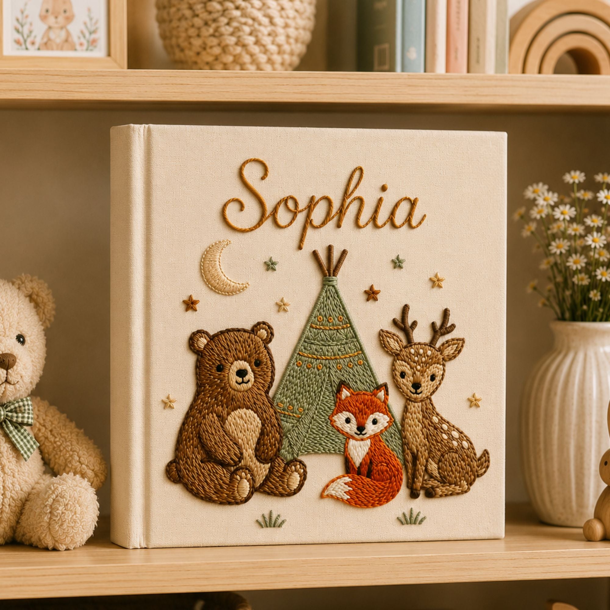Personalized hand embroidered photo album featuring woodland animals including a bear fox and deer gathered around a teepee on a linen cover