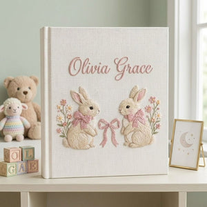 Personalized hand embroidered photo album featuring two adorable rabbits with pink bows and delicate floral accents on a linen cover