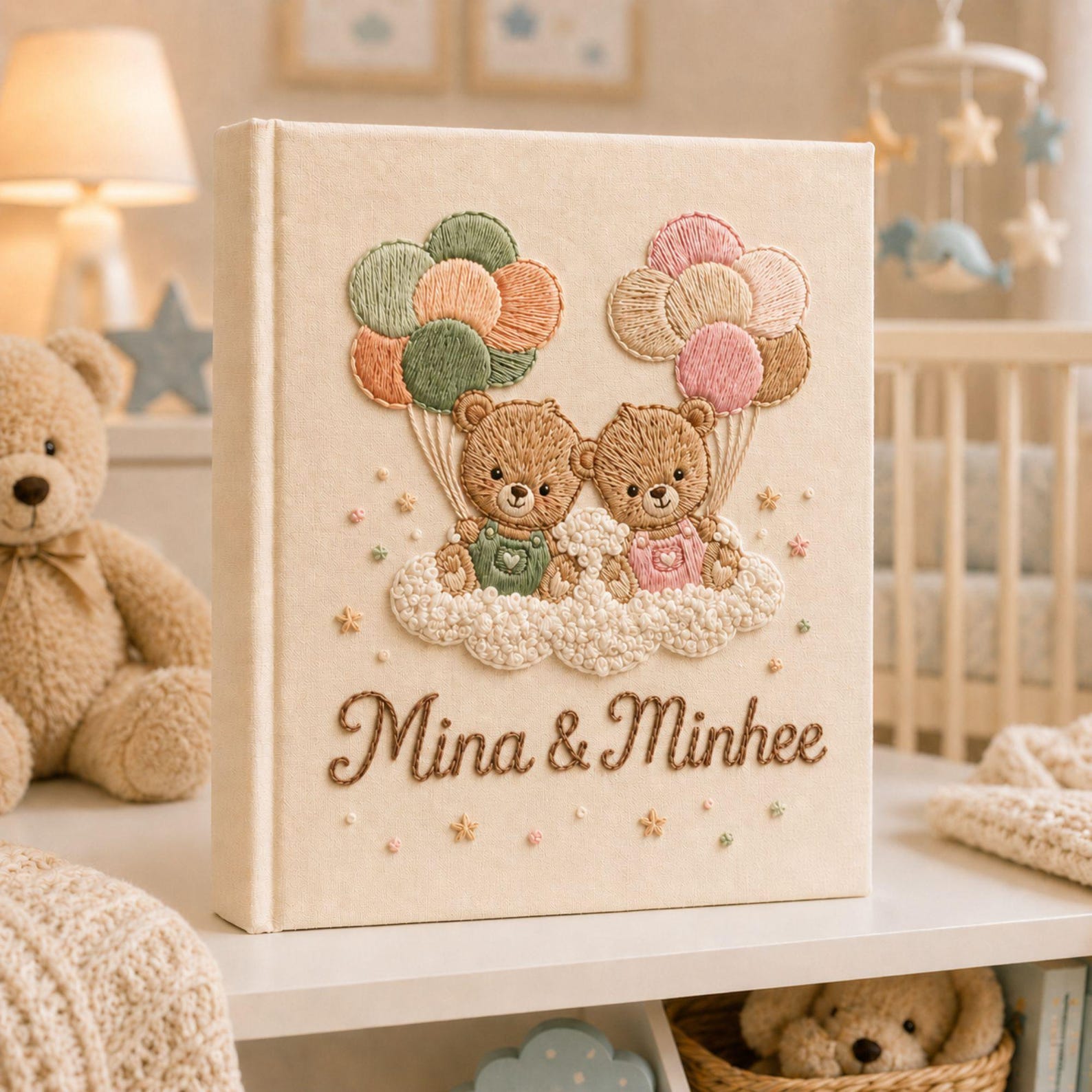 Personalized twin teddy bear hand embroidered photo album with pastel balloons and cloud nursery design