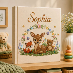 Personalized hand embroidered photo album featuring a woodland fawn fox and teddy bear surrounded by flowers and butterflies on a premium linen cover customized with a baby name