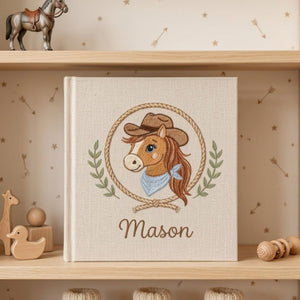 Personalized hand embroidered photo album featuring a cowboy horse with western hat bandana rope wreath and custom name embroidery