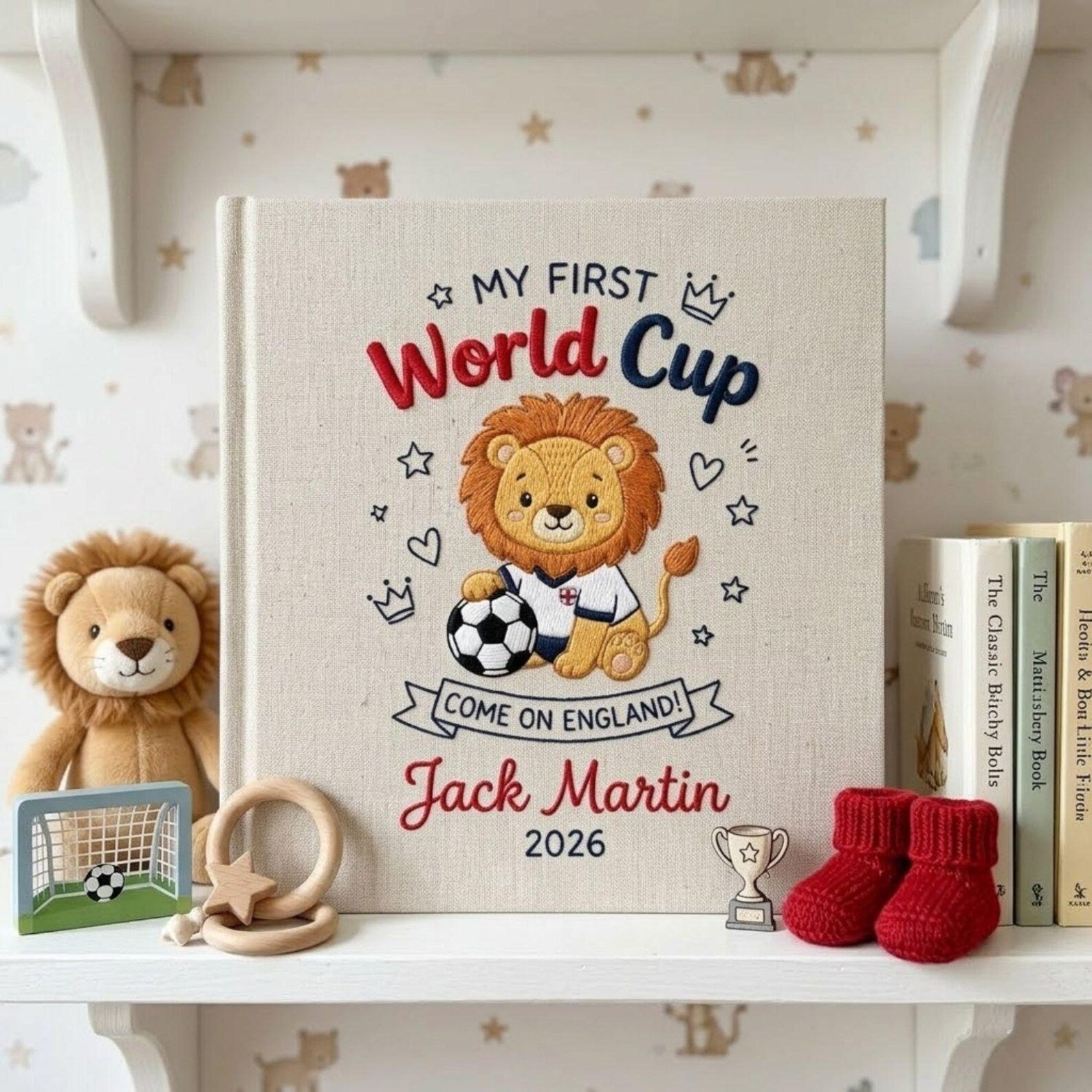Personalized hand embroidered photo album featuring a cute soccer lion with football and First World Cup theme customized with baby name