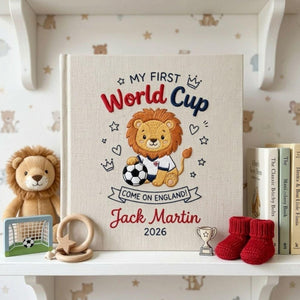Personalized hand embroidered photo album featuring a cute soccer lion with football and First World Cup theme customized with baby name