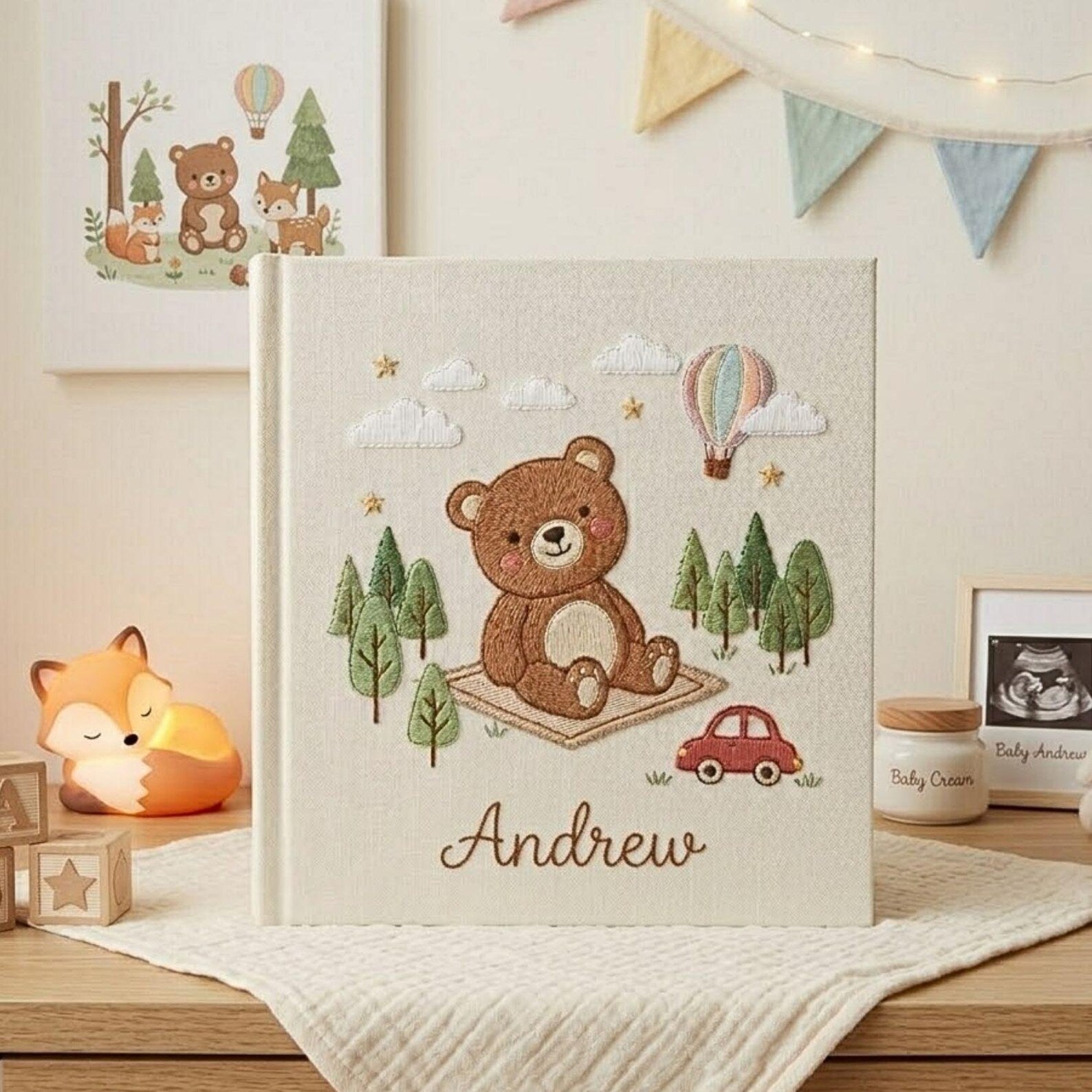 Personalized adventure teddy bear hand embroidered baby photo album with hot air balloon and forest design on linen cover