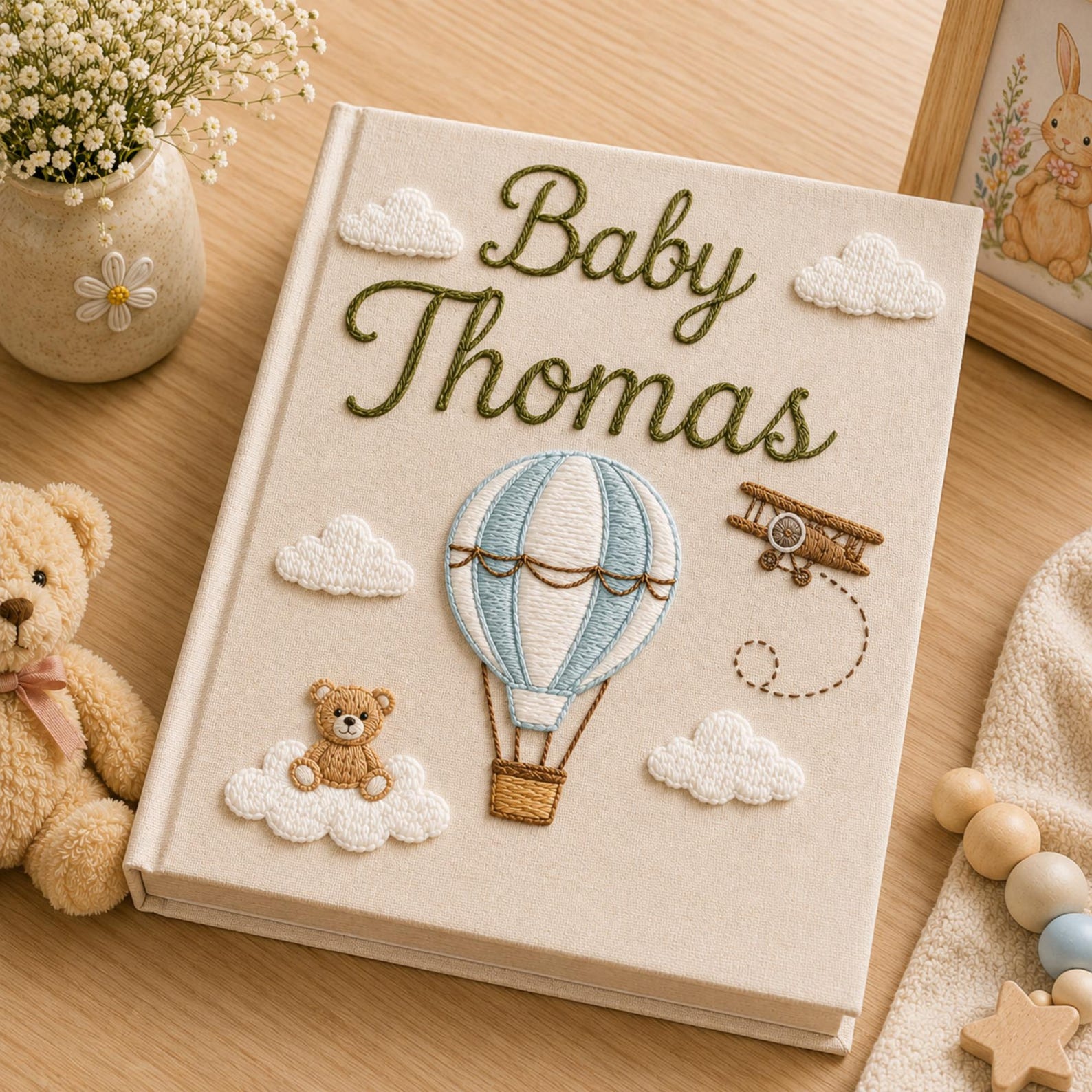 Personalized hot air balloon hand embroidered baby photo album with clouds teddy bear and airplane