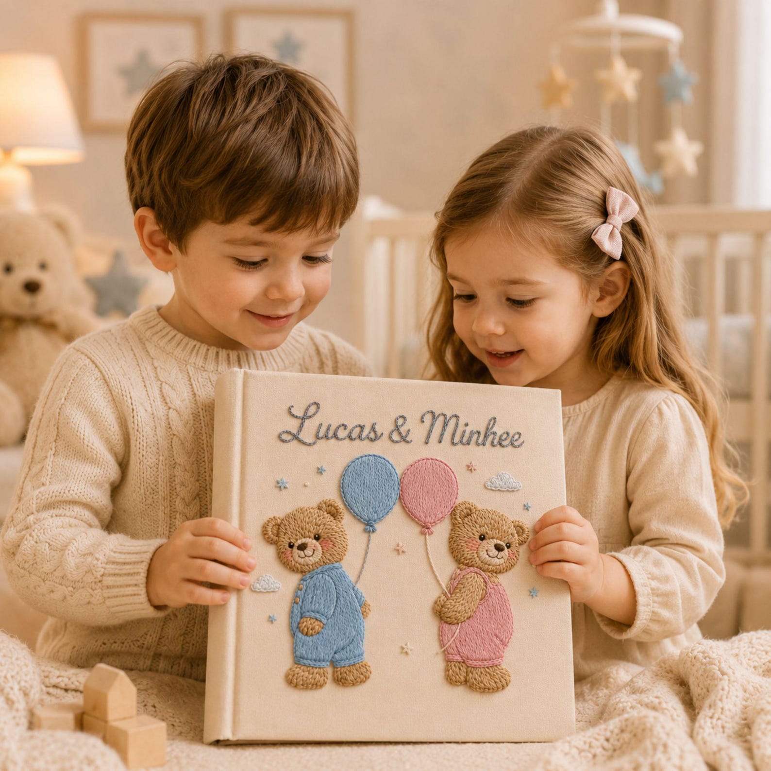 Personalized embroidered baby photo album featuring two teddy bears with pastel balloons and custom names