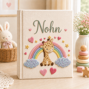 Personalized hand embroidered photo album featuring a cute giraffe under a rainbow with hearts and stars on a premium linen cover customized with a baby name