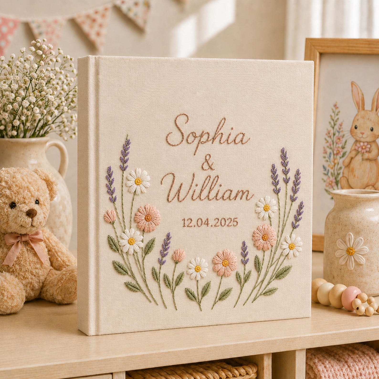 Personalized wildflower embroidered wedding album with lavender stems, pastel daisies, and custom couple names on a linen fabric cover