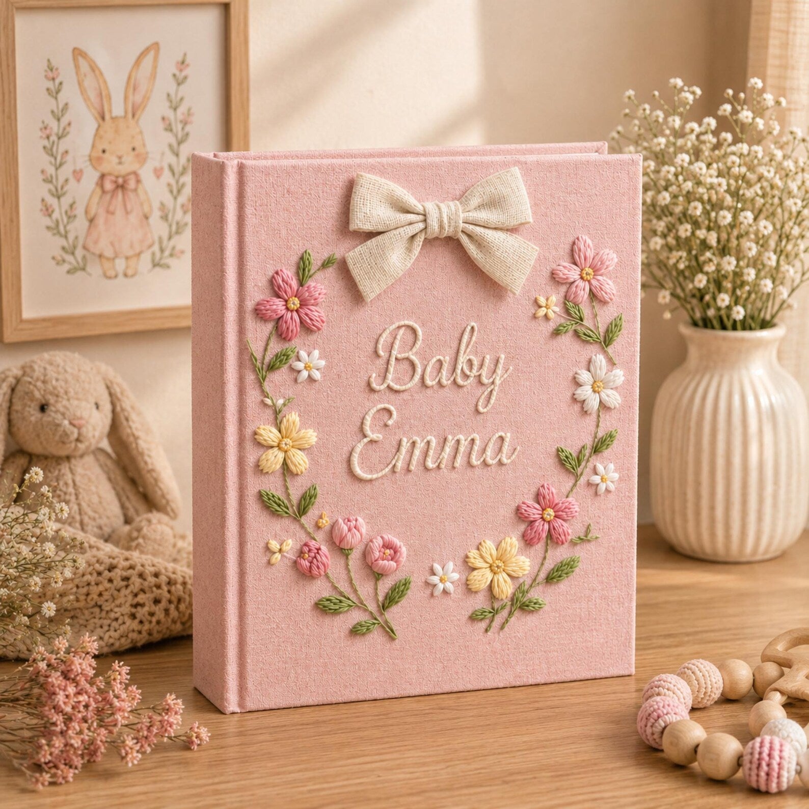 Personalized hand embroidered baby photo album with pastel floral wreath embroidery and elegant linen bow detail