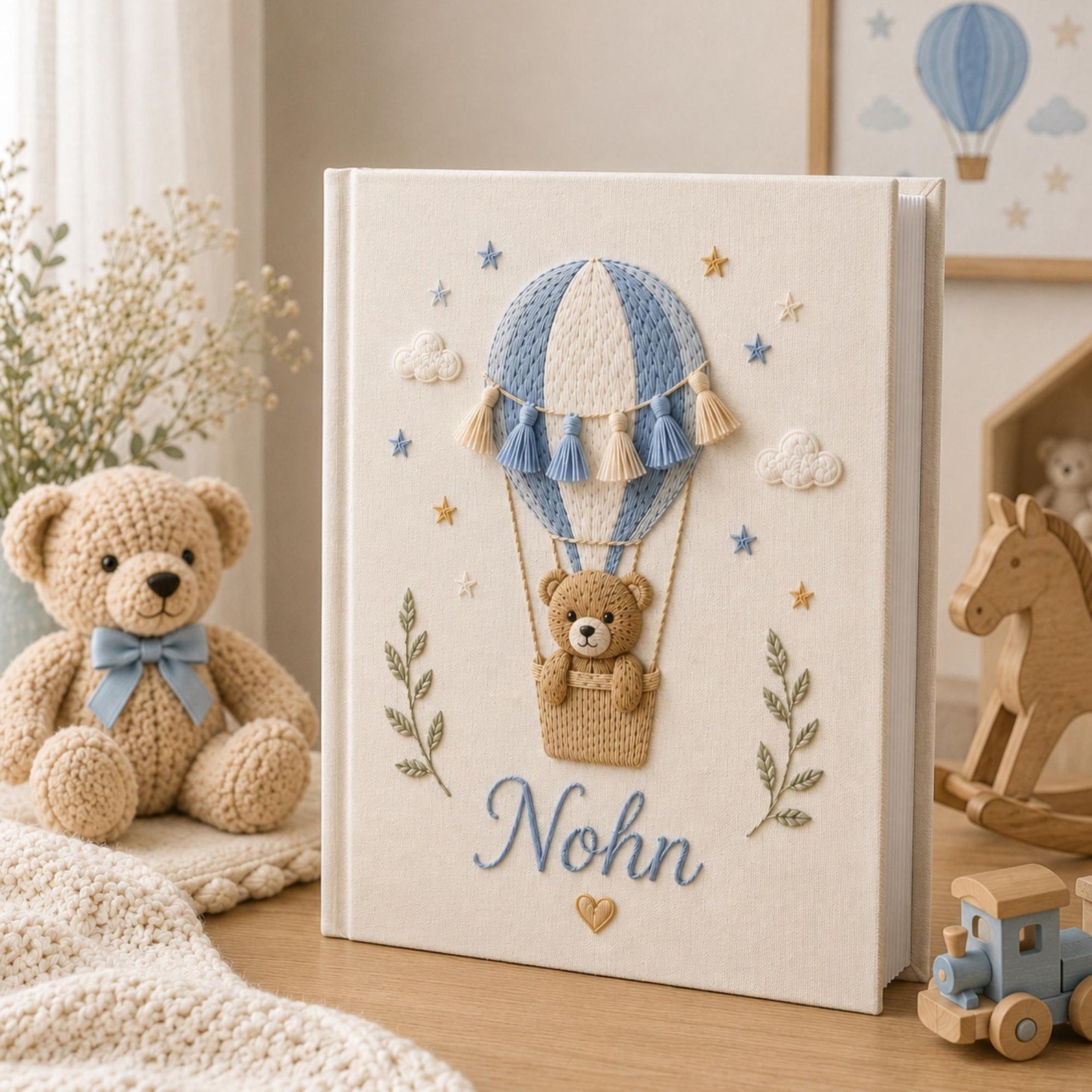 Personalized hand embroidered baby photo album with teddy bear in boho hot air balloon and tassel embroidery