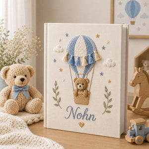 Personalized hand embroidered baby photo album with teddy bear in boho hot air balloon and tassel embroidery