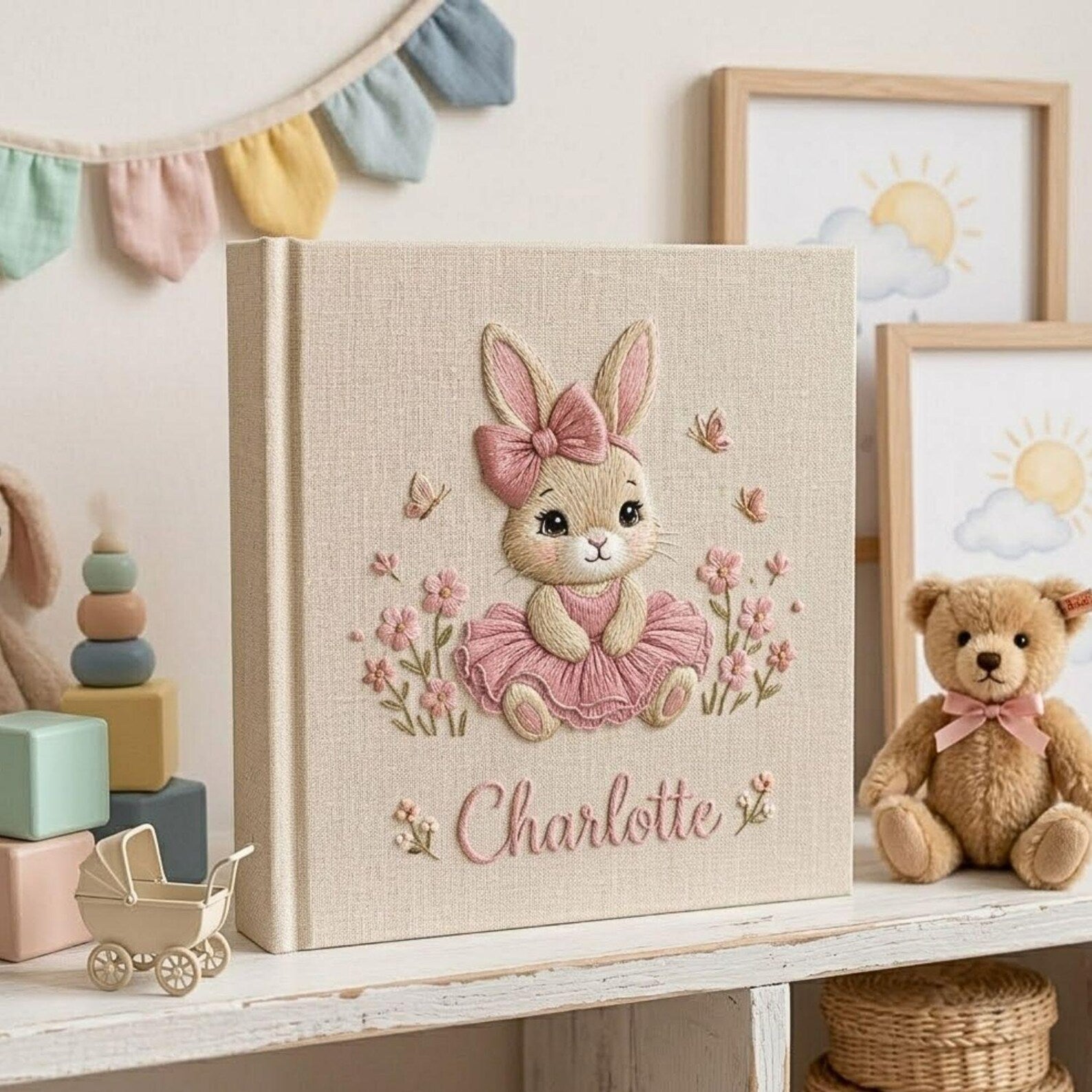 Personalized bunny princess embroidered baby photo album with pink ballerina bunny design on linen cover