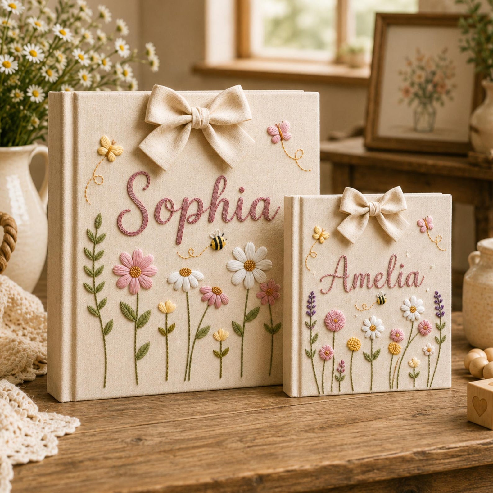 Personalized floral hand embroidered baby photo album with butterflies flowers and fabric bow