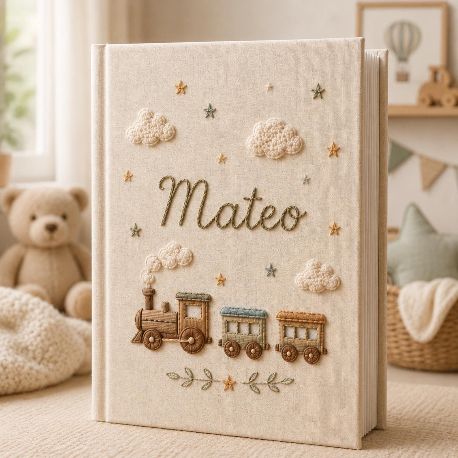 Personalized vintage train hand embroidered photo album with clouds and stars nursery design
