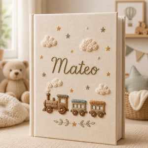 Personalized vintage train hand embroidered photo album with clouds and stars nursery design