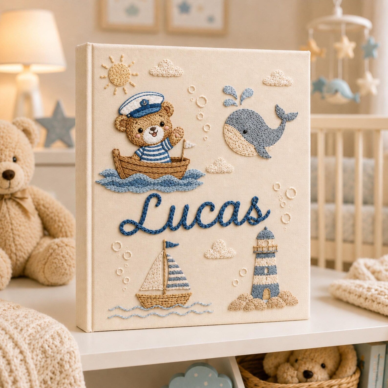 Personalized hand embroidered nautical baby photo album with sailor teddy bear, whale, sailboat, and lighthouse design