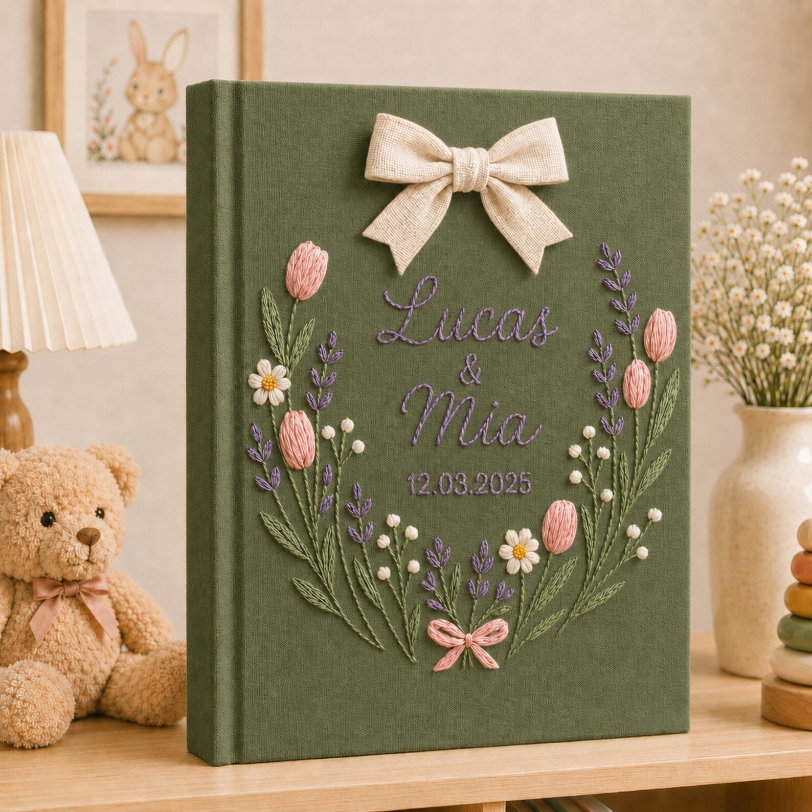 Personalized hand embroidered lavender tulip wedding photo album with decorative bow and custom couple names on linen cover
