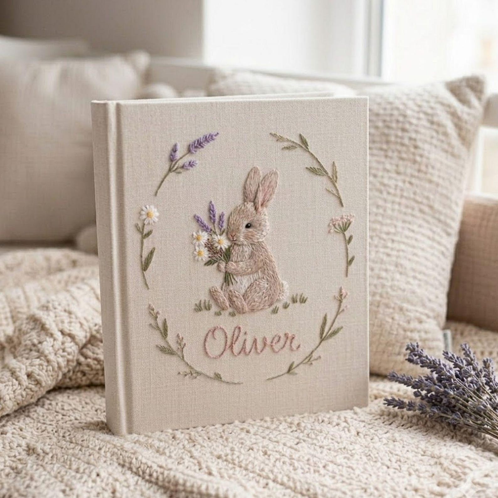 Personalized bunny lavender hand embroidered baby photo album with floral botanical design on linen cover