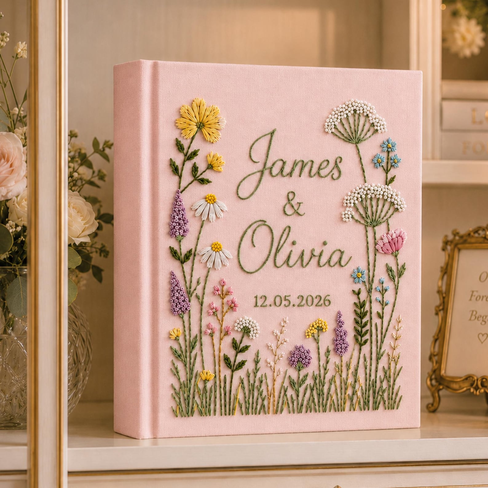 Personalized hand embroidered wild meadow wedding photo album with colorful botanical flowers and custom names on linen cover