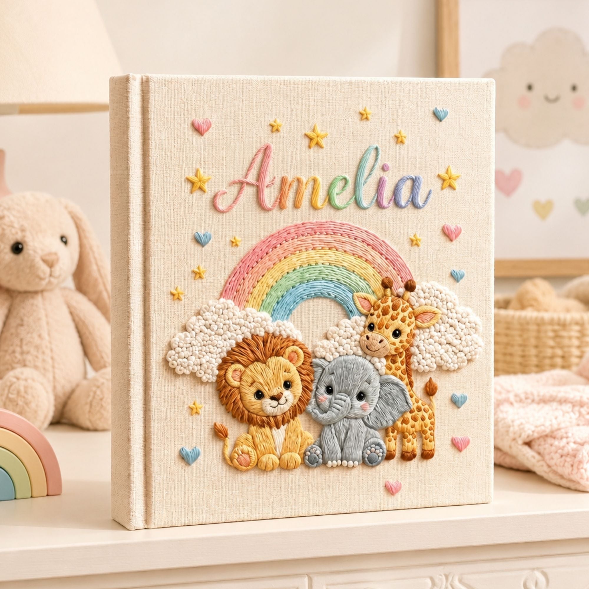 Personalized hand embroidered photo album featuring lion elephant and giraffe under a pastel rainbow with custom name embroidery