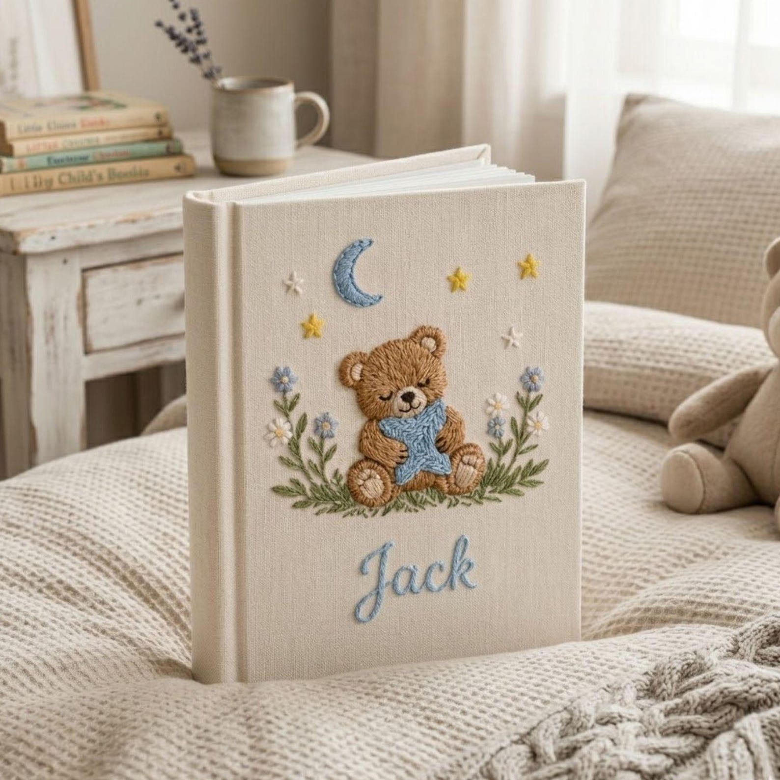 Personalized sleepy teddy hand embroidered baby photo album with moon star and bedtime nursery design on linen cover