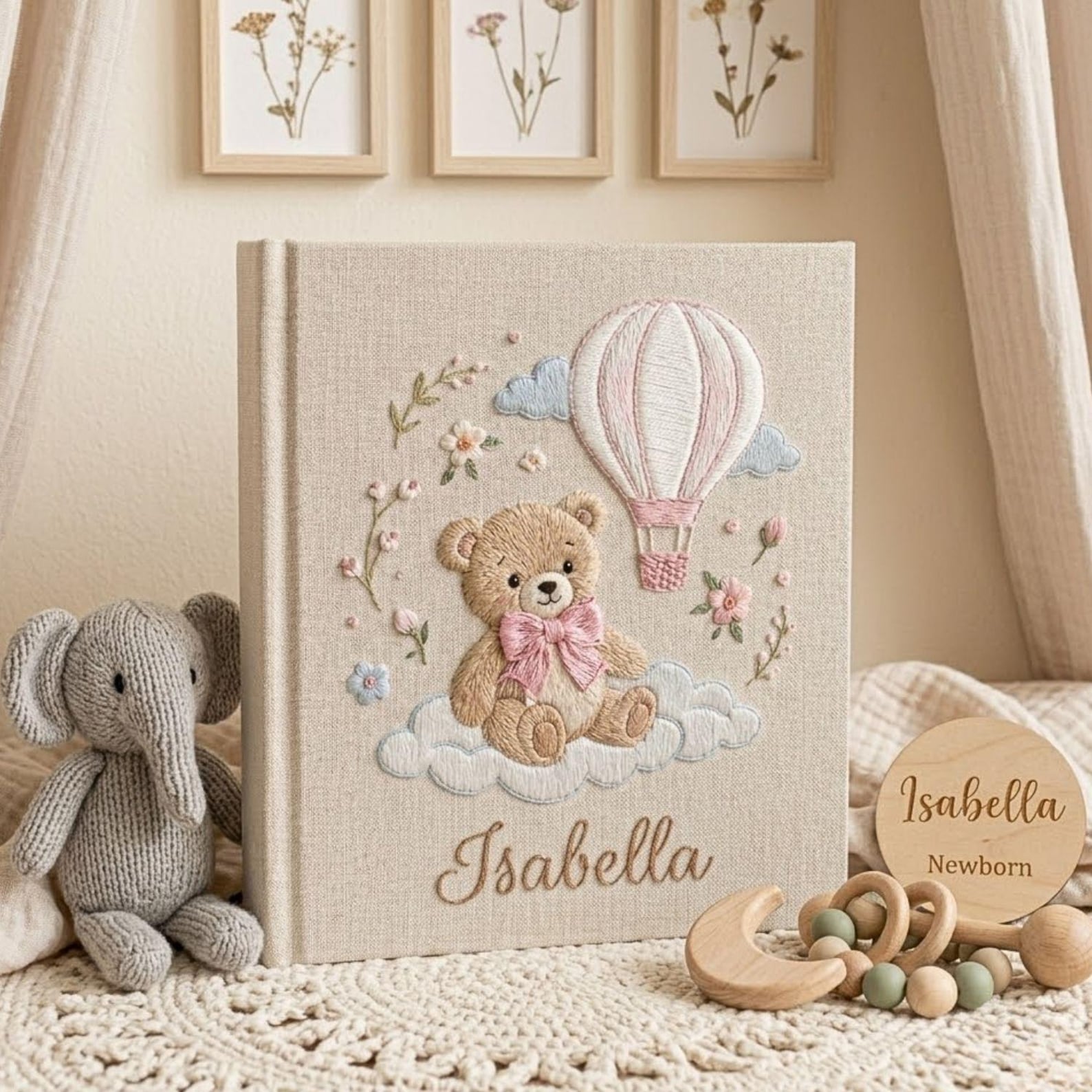 Personalized teddy hot air balloon embroidered baby photo album with pastel nursery design on linen cover