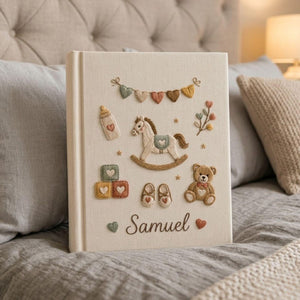 Personalized baby toys hand embroidered photo album with rocking horse teddy bear and nursery accessories on linen cover