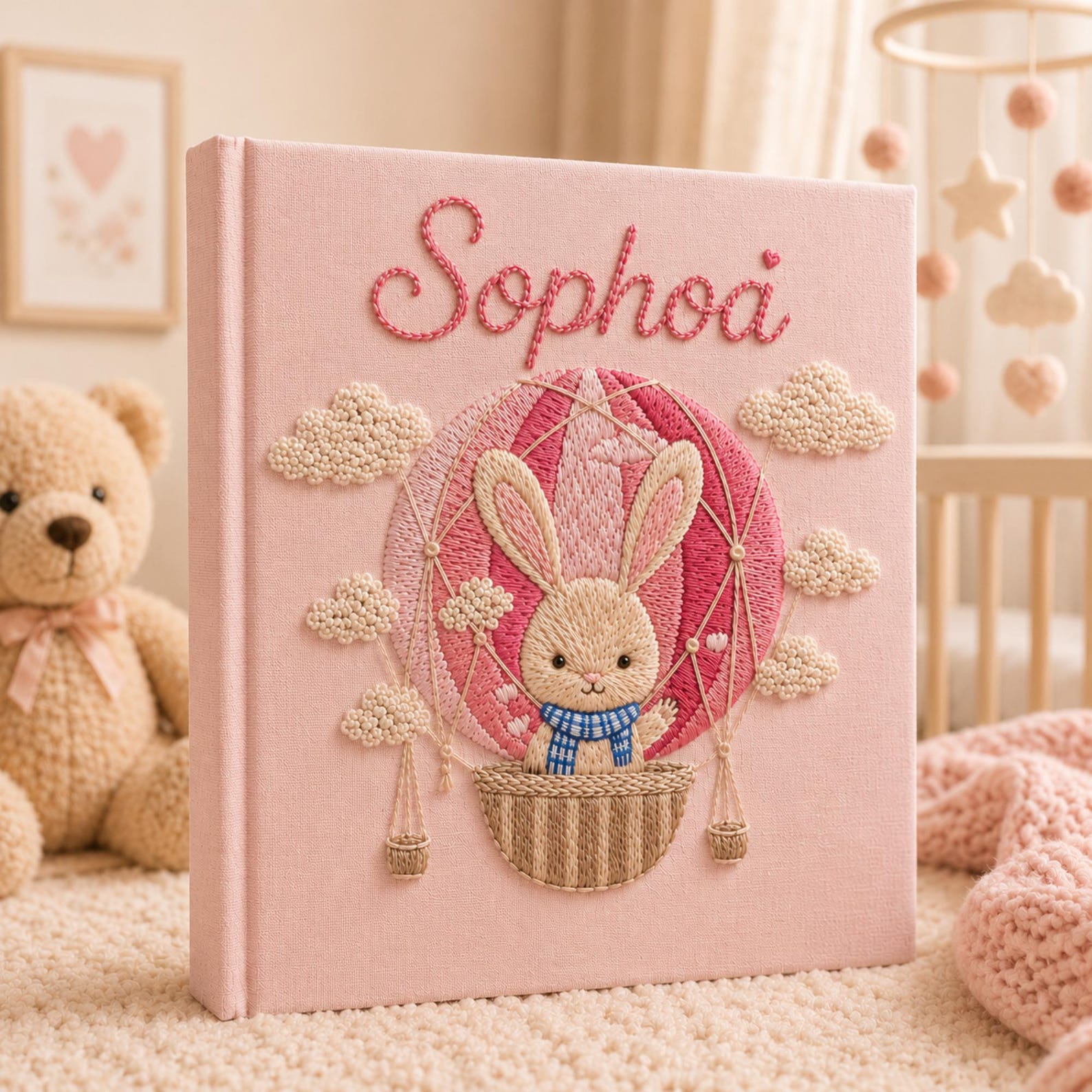 Personalized hand embroidered baby photo album with bunny in pink hot air balloon and clou