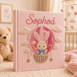 Personalized hand embroidered baby photo album with bunny in pink hot air balloon and clou