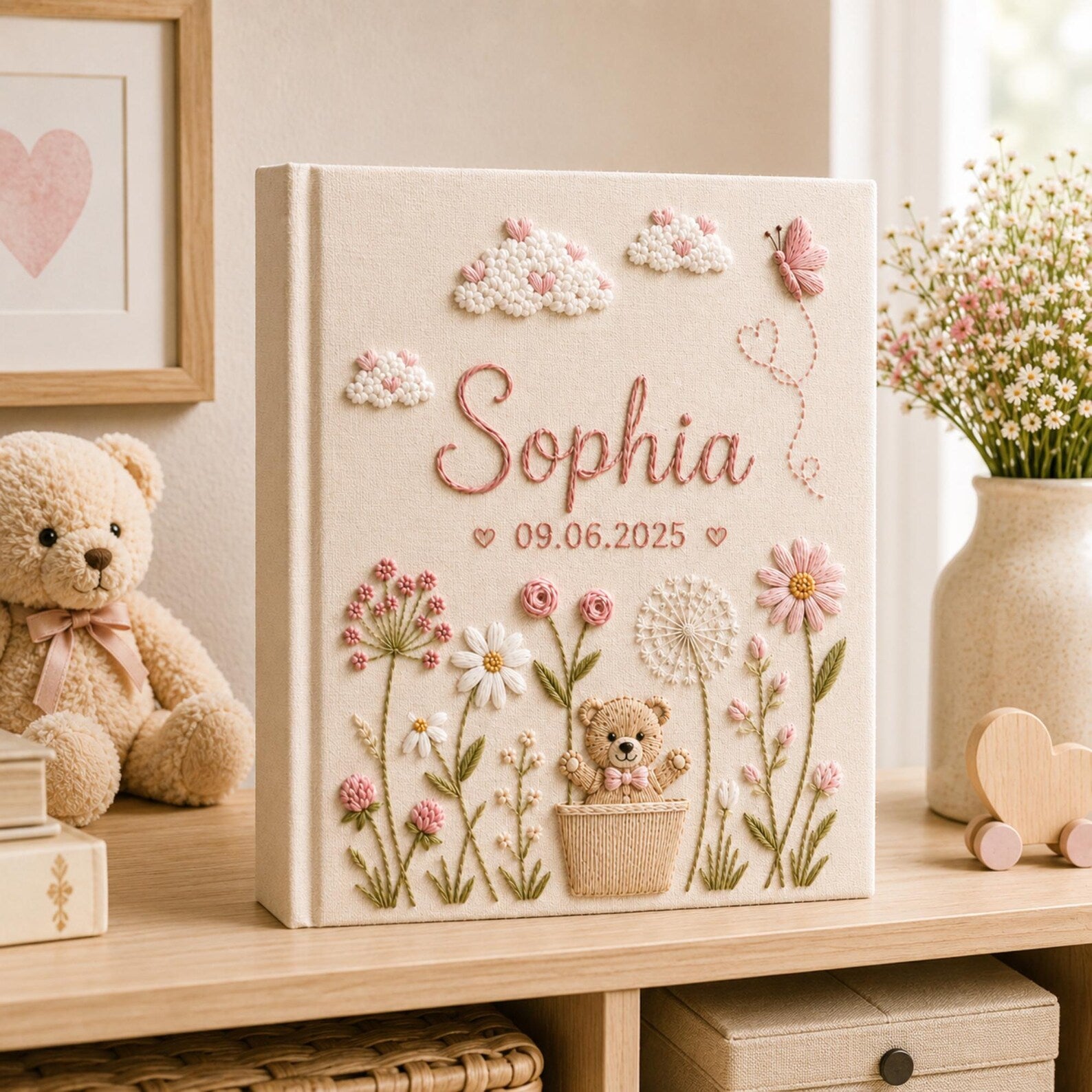 Personalized hand embroidered baby girl photo album with pink flowers clouds butterflies and teddy bear