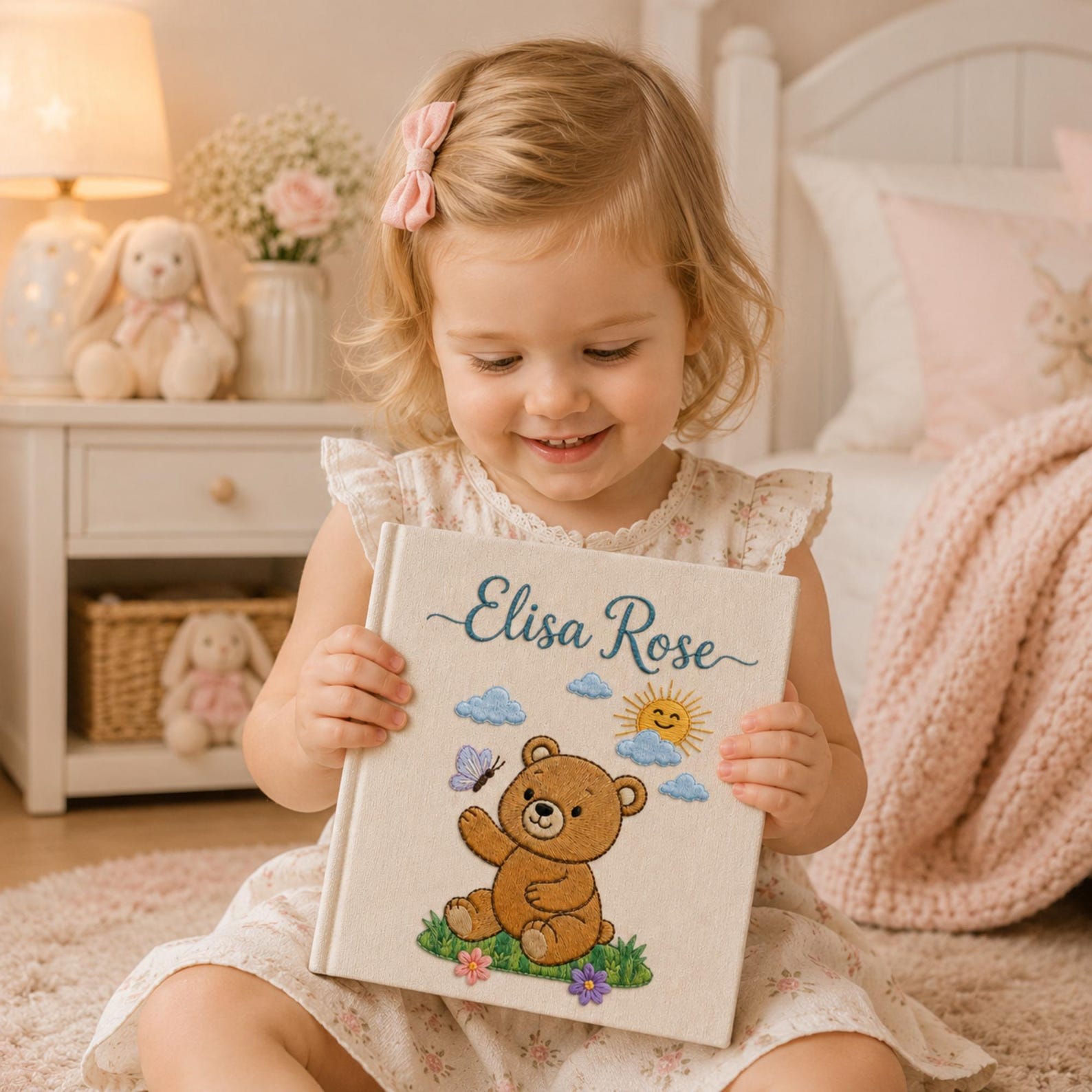 Personalized embroidered baby photo album featuring teddy bear, sunshine, clouds, flowers, and butterfly design