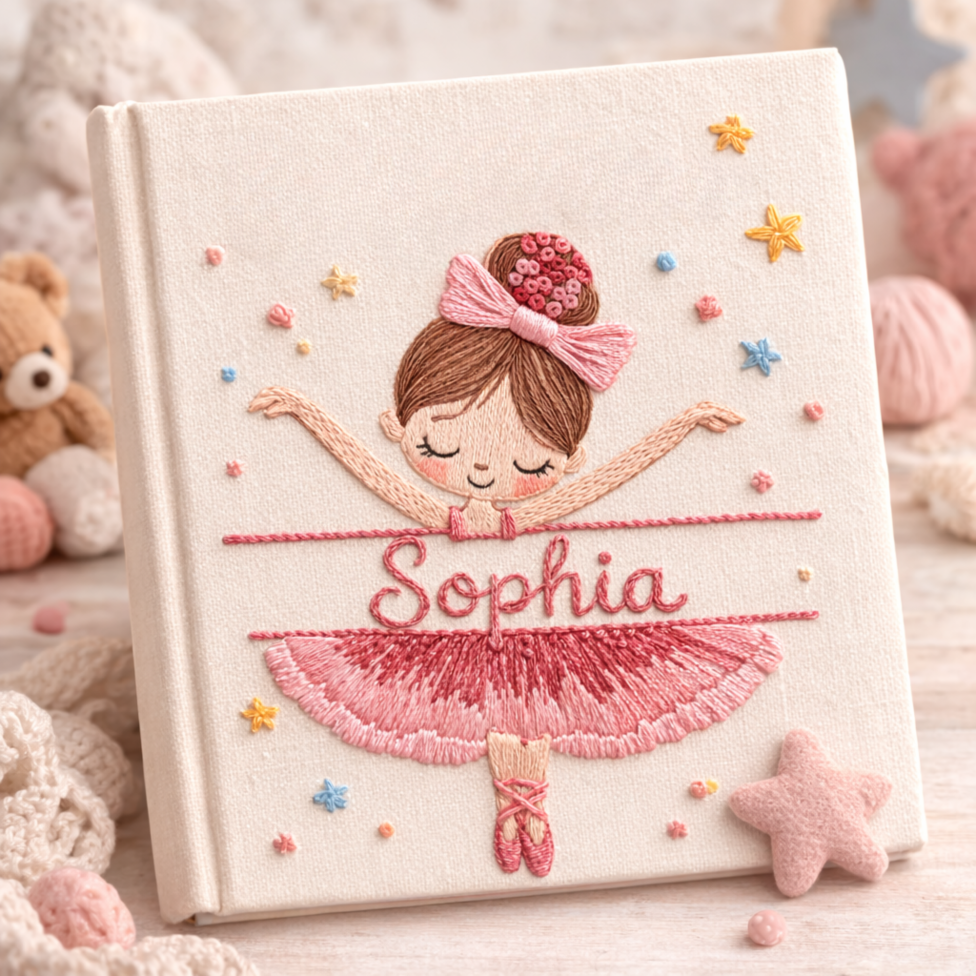 Personalized hand embroidered photo album featuring a cute ballerina wearing a pink tutu and ballet slippers with custom name embroidery on a premium linen cover