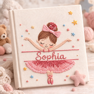 Personalized hand embroidered photo album featuring a cute ballerina wearing a pink tutu and ballet slippers with custom name embroidery on a premium linen cover