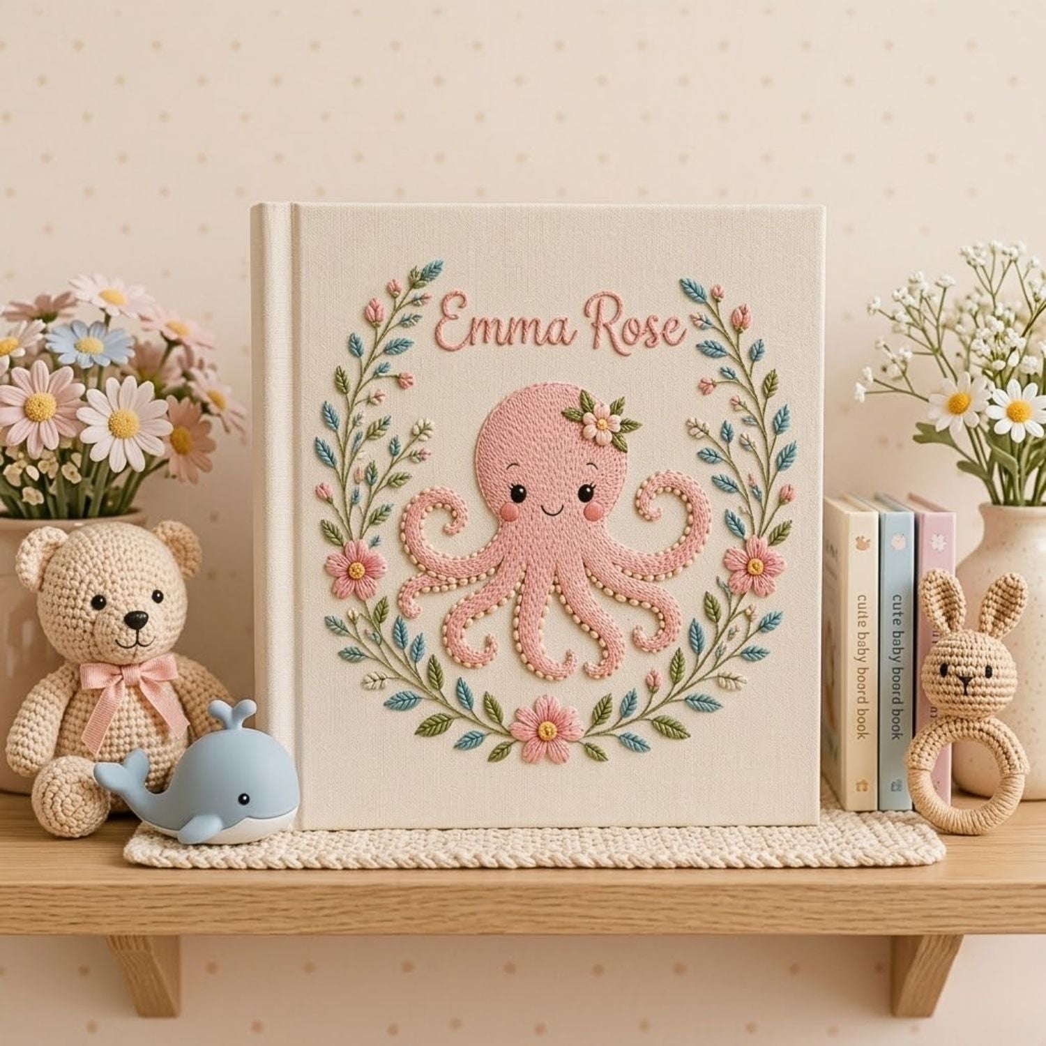 Personalized hand embroidered photo album featuring a cute pink octopus surrounded by floral wreath embroidery and pastel botanical details
