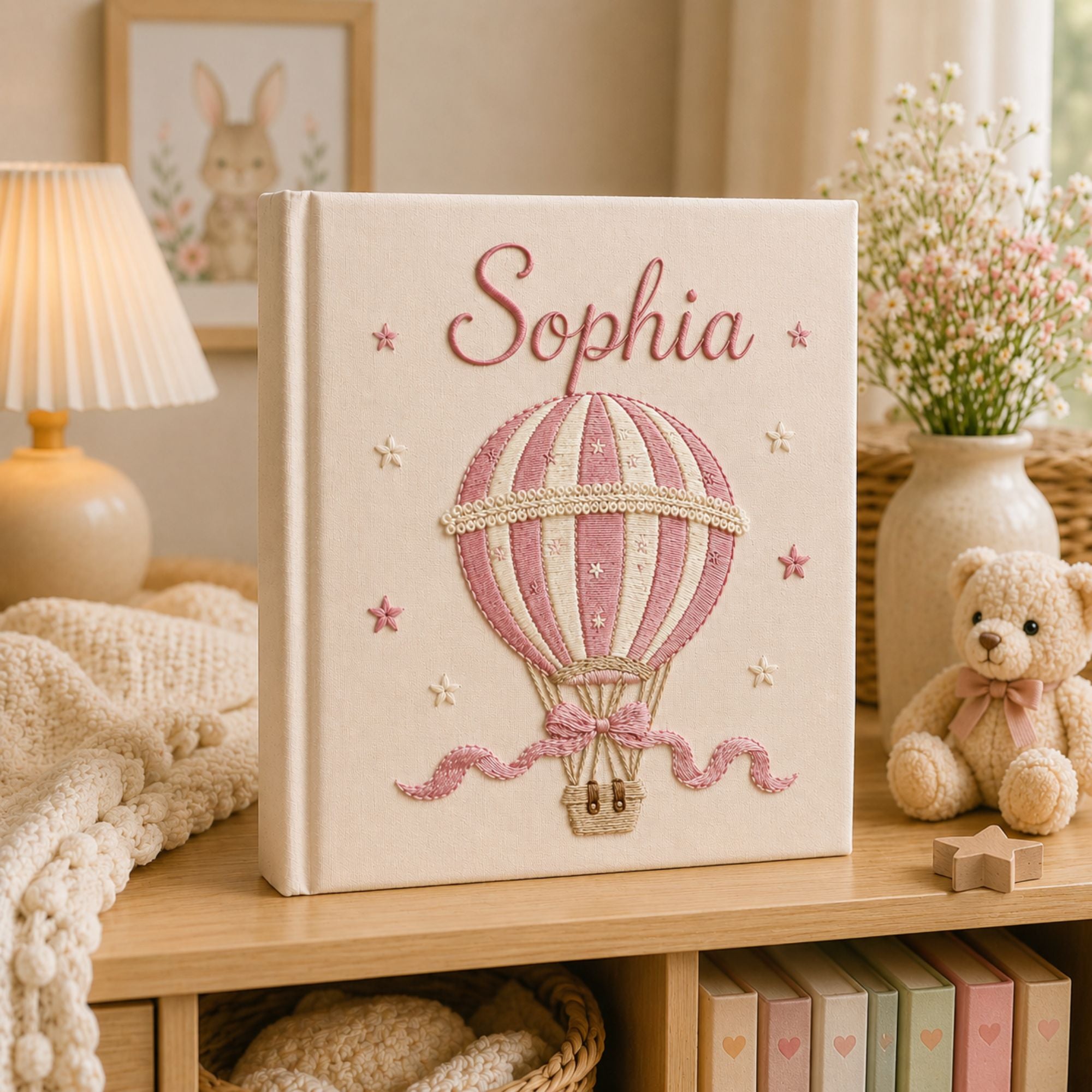 Personalized hand embroidered photo album with pink hot air balloon design, custom baby girl memory book keepsake gift