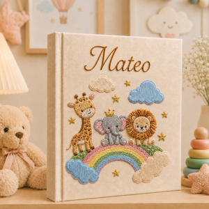 Personalized hand embroidered photo album featuring giraffe, elephant, lion, rainbow, balloons, clouds and stars on a linen cover
