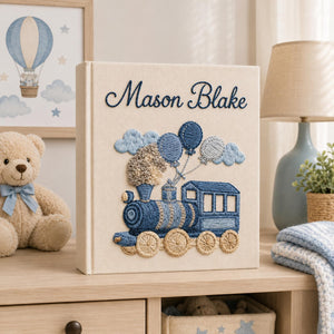 Personalized train hand embroidered photo album with balloons and vintage locomotive nursery design