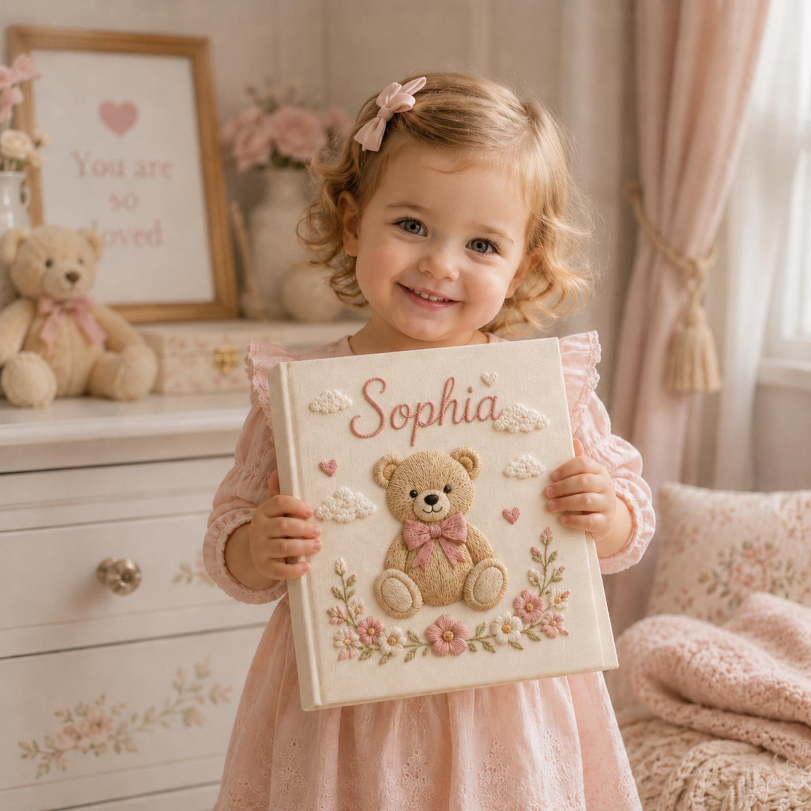 Personalized floral teddy bear hand embroidered photo album with pastel flowers and cloud nursery design